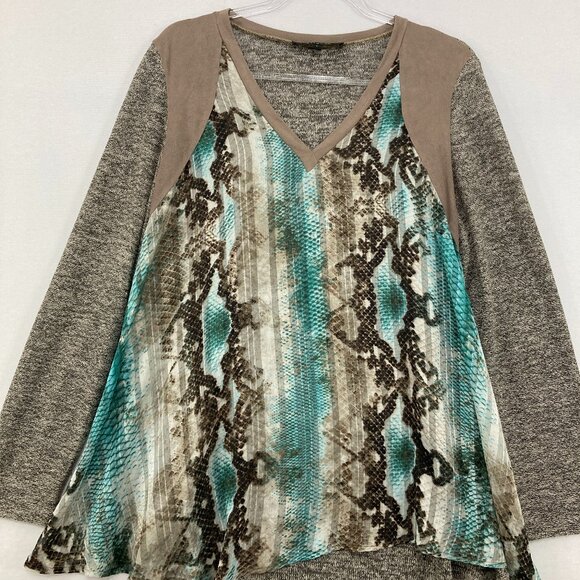Poeme by Citron Large V Neck Blue Gray Reptile Print Stretch Knit Relaxed Top - Picture 1 of 10